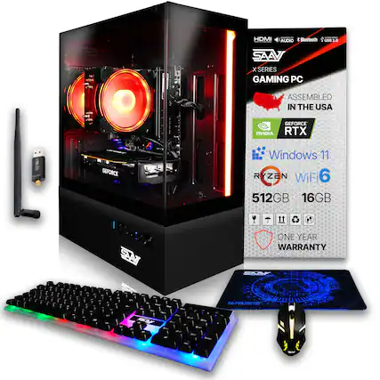 E - HDMI AUDIO & Bluetooth SAN X SERIES GAMING PC - USA 3.0 ASSEMBLED IN THE USA GEFORCE NVIDIA RTX GEFORCE 12 SAN Windows 11 RYZEN WiFi 6 512GB 16GB ONE YEAR WARRANTY