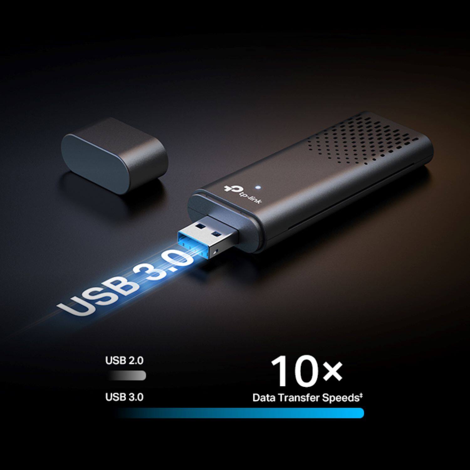 The text on the image reads: "C tp-link 3.0 USB USB 2.0 10x USB 3.0 Data Transfer Speeds+". This text is describing the features of a USB device, specifically its compatibility with both USB 2.0 and USB 3.0, as well as its ability to transfer data at a faster speed compared to standard USB devices.