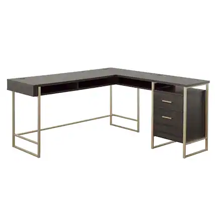 Front. Spaco - L-Shaped Desk with Drawers, Large Corner Computer Table for Home Office - Black.
