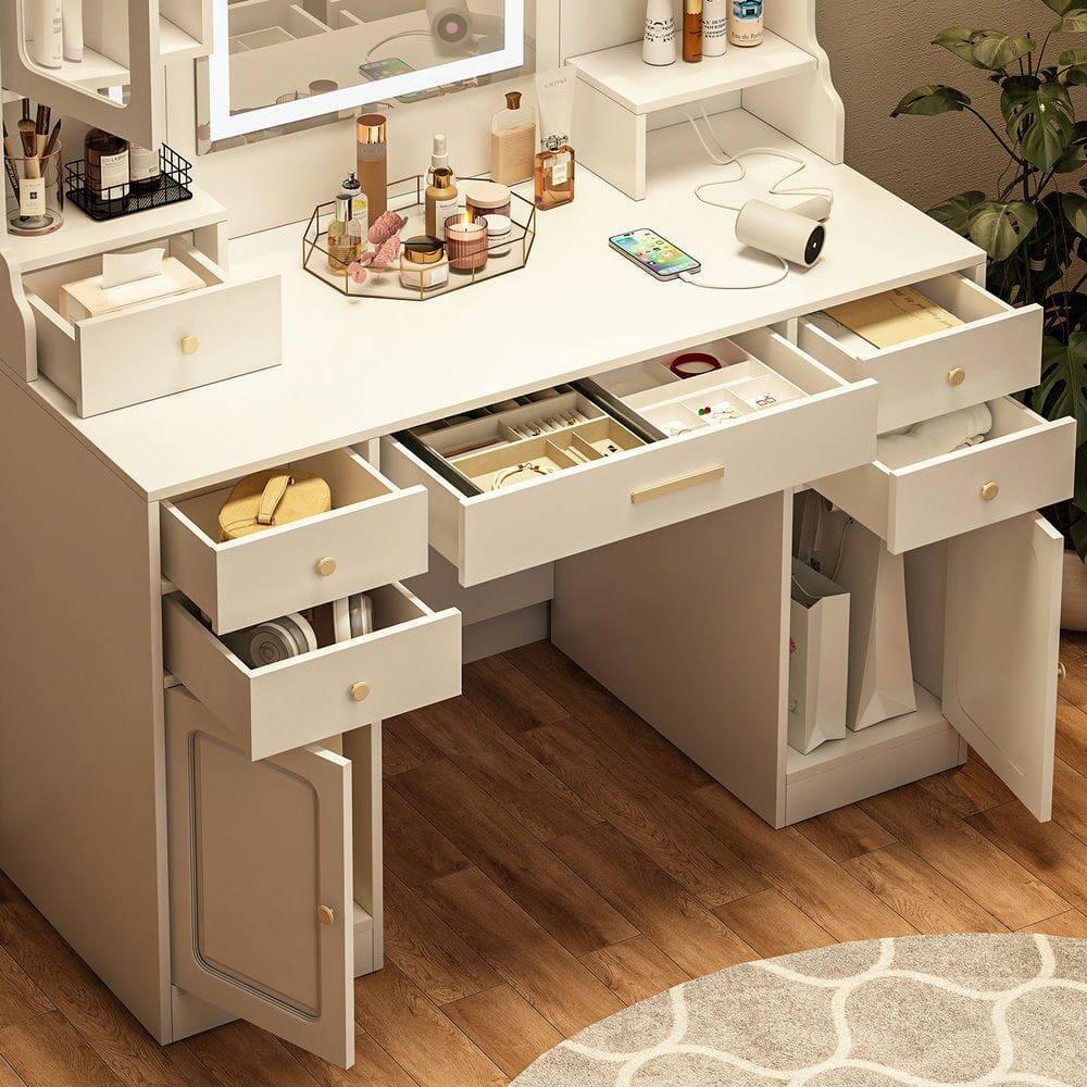 Left. Kadyn - Large Vanity Table Set Makeup Vanity Dressing Table with Mirror, 6 Drawers & Shelves, Dresser Desk - White.