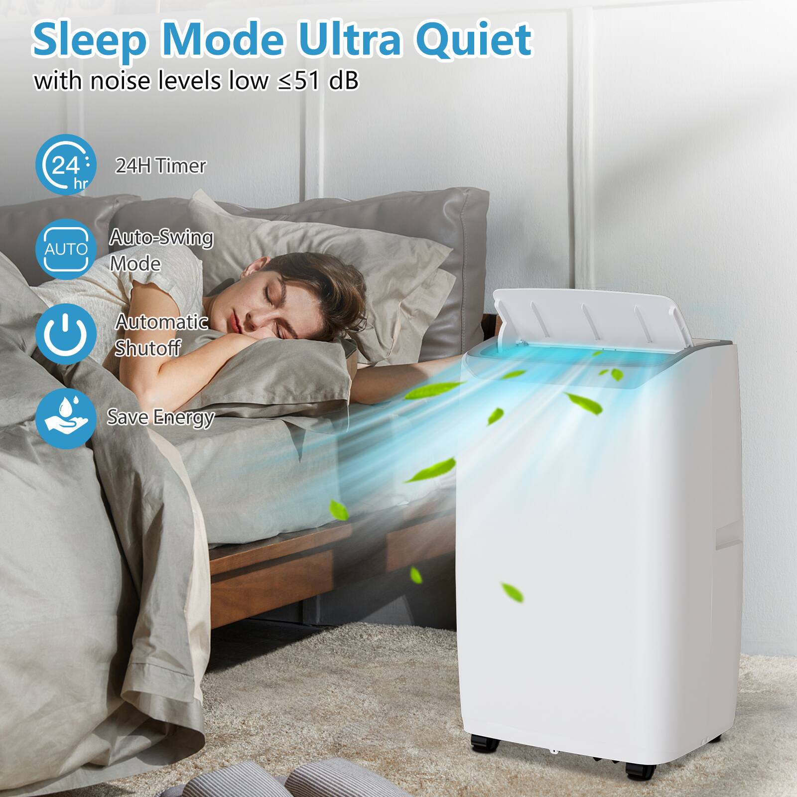Sleep Mode Ultra Quiet with noise levels low ≤51 dB

- 24H Timer
- Auto-Swing Mode
- Automatic Shutoff
- Save Energy