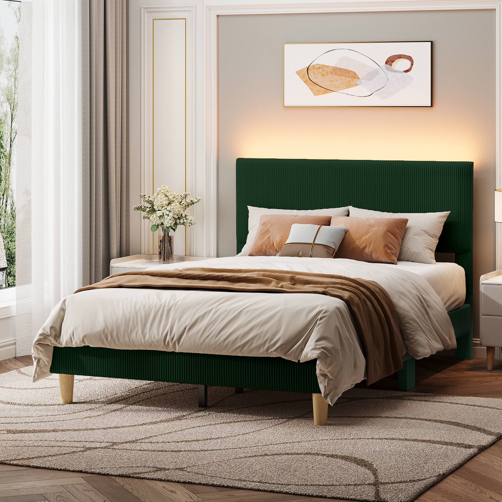 Left. Bestier - Full Size Corduroy Upholstered Bed Frame Adjustable Headboard, Warm LED Light & No Box Spring Needed - Green.