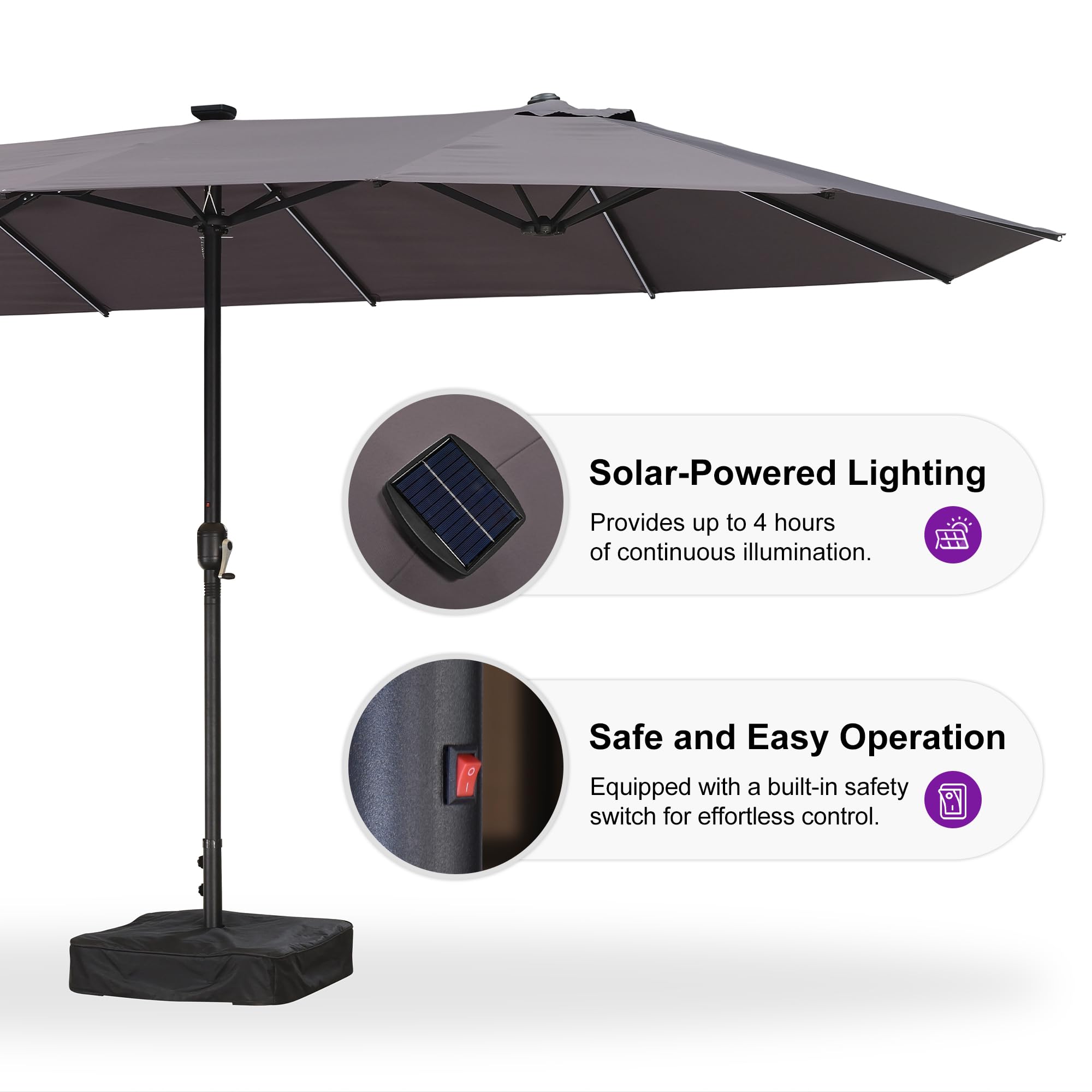 Solar-Powered Lighting  
Provides up to 4 hours of continuous illumination.

Safe and Easy Operation  
Equipped with a built-in safety switch for effortless control.