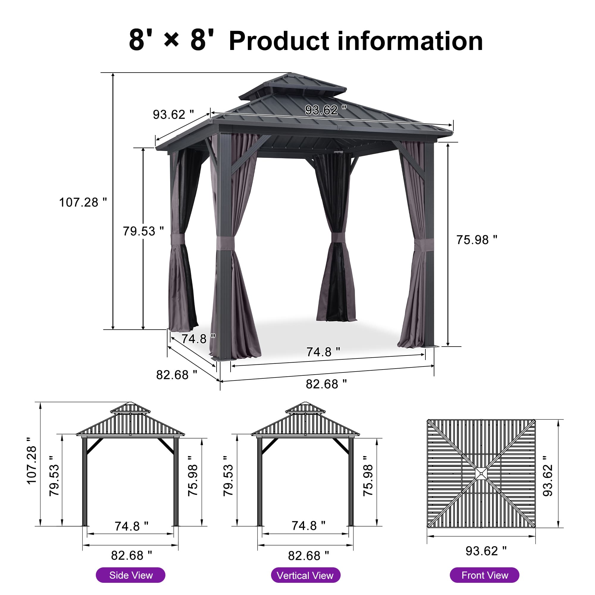PURPLE LEAF Outdoor Aluminum Hardtop Gazebo with Galvanized Steel