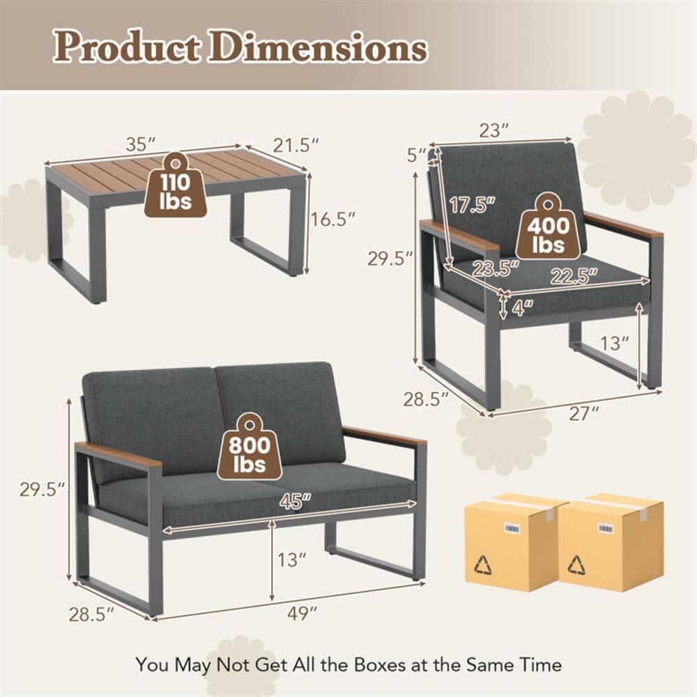 Product Dimensions  
- Table: 35" x 21.5" x 16.5" (110 lbs)  
- Chair: 23" x 23.5" x 17.5" (400 lbs)  
- Sofa: 45" x 28.5" x 29.5" (800 lbs)  

You May Not Get All the Boxes at the Same Time