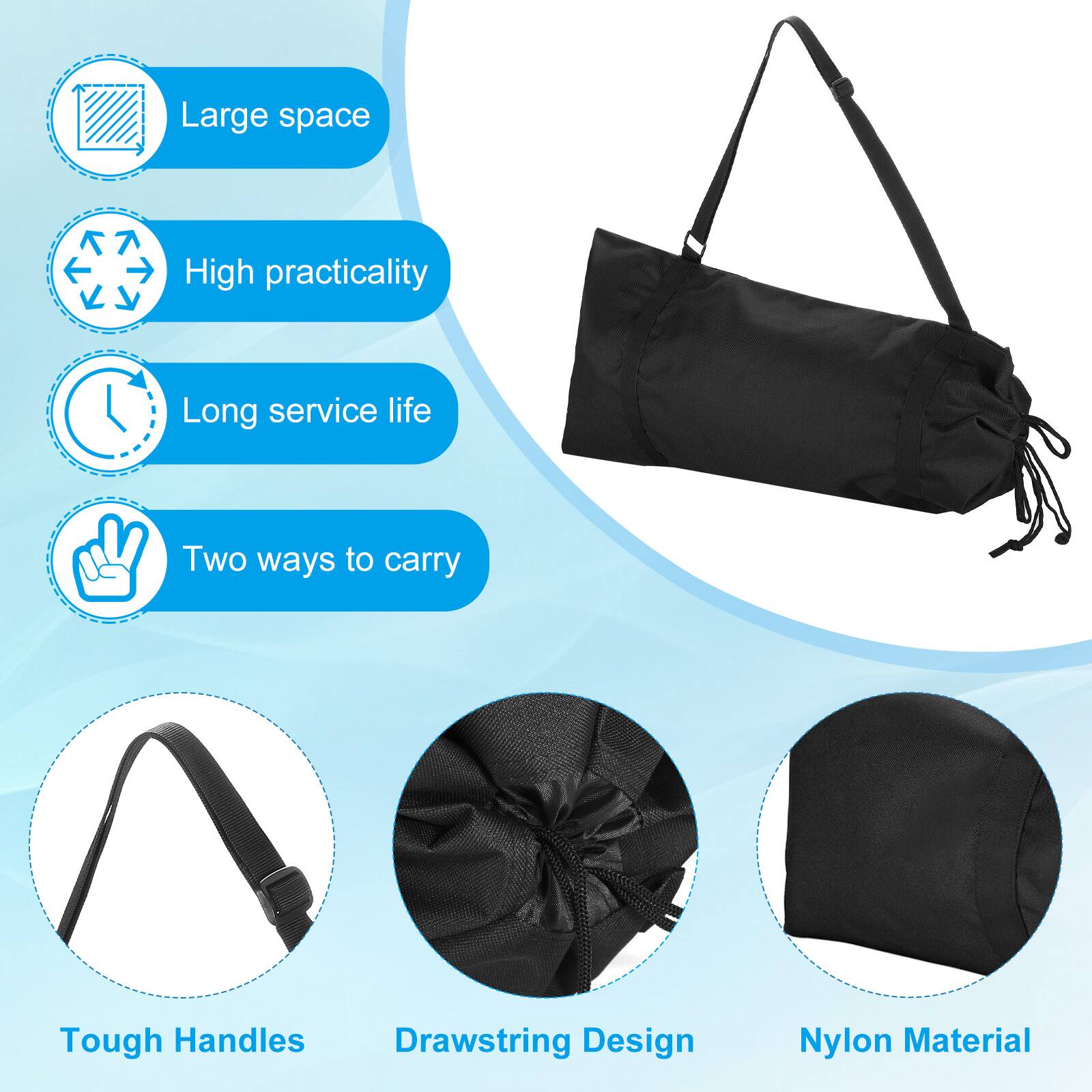 - Large space
- High practicality
- Long service life
- Two ways to carry
- Tough Handles
- Drawstring Design
- Nylon Material
