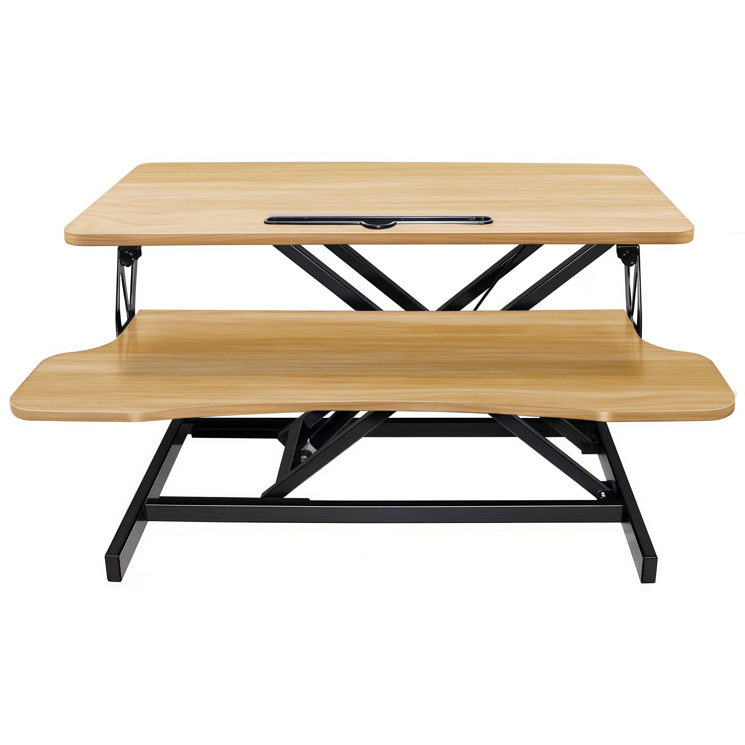 Angle. PexFix - 32 in. Adjustable Sit-to-Stand Desk Converter, Dual Monitor & Laptop Workstation with Wide Keyboard Tray - Natural.