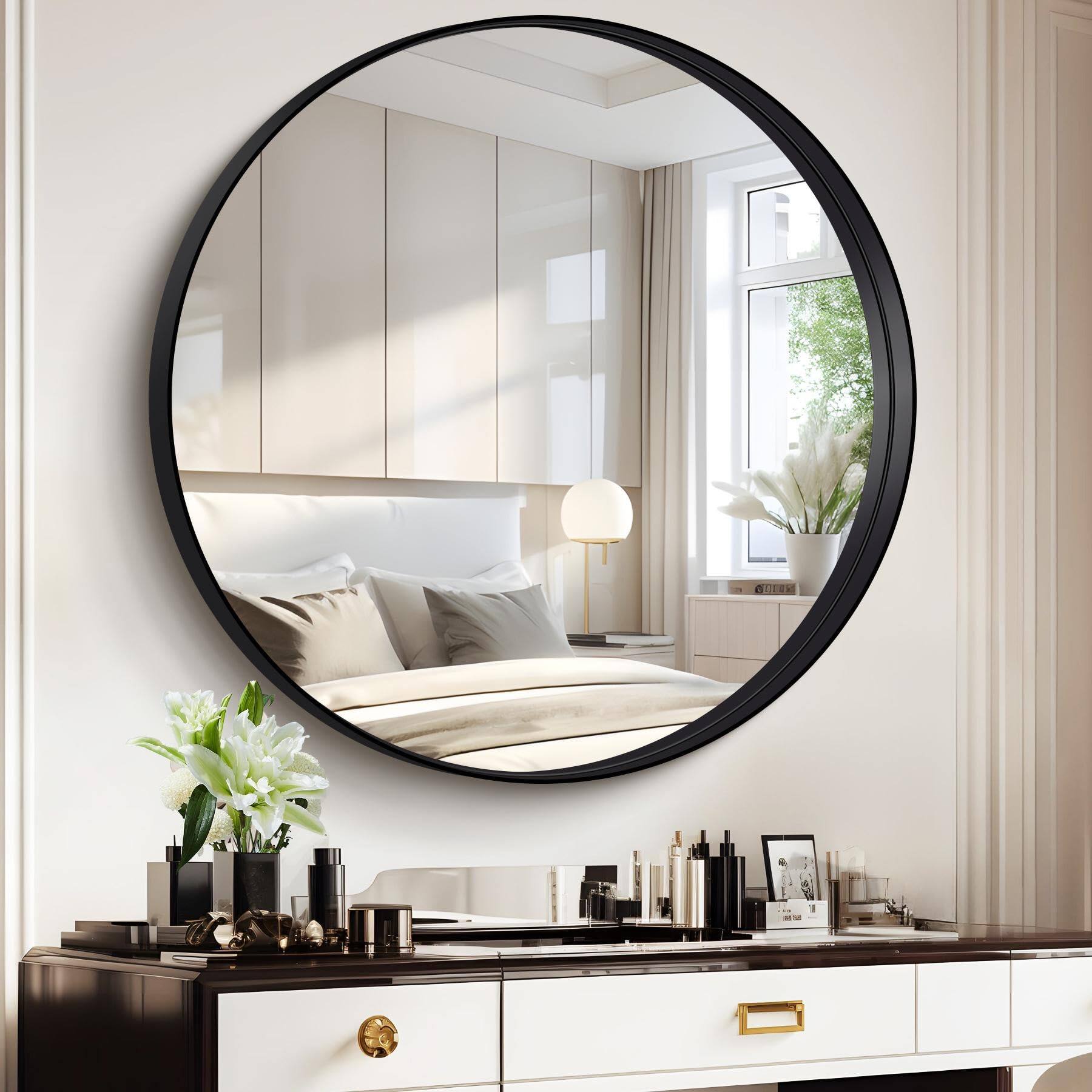 Alt View 1. VEGA AUTOMOTIVE - Round Mirror Deep Frame Circle Metal Bathroom Mirrors For Wall Entryway Washroom Bedroom Living Room Hallway - Black Deep Frame 42"L x 42"W.