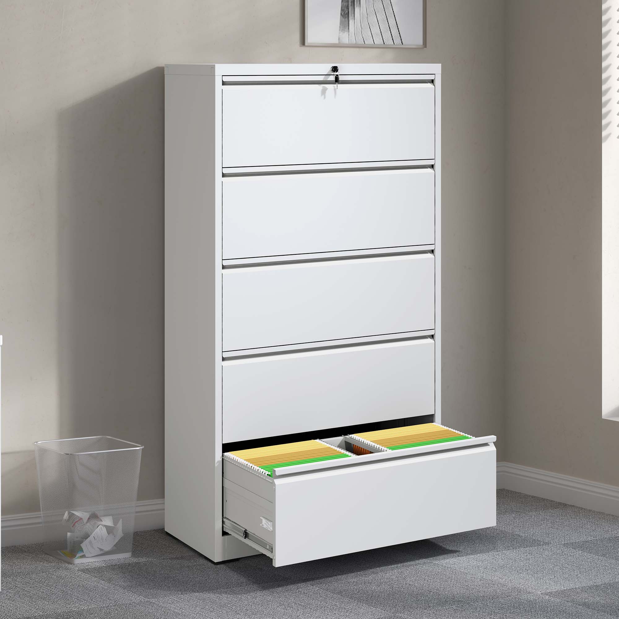 Angle. Dexmalle - Dexmalle-5 Drawer Metal Lateral File Cabinet with Lock-White.