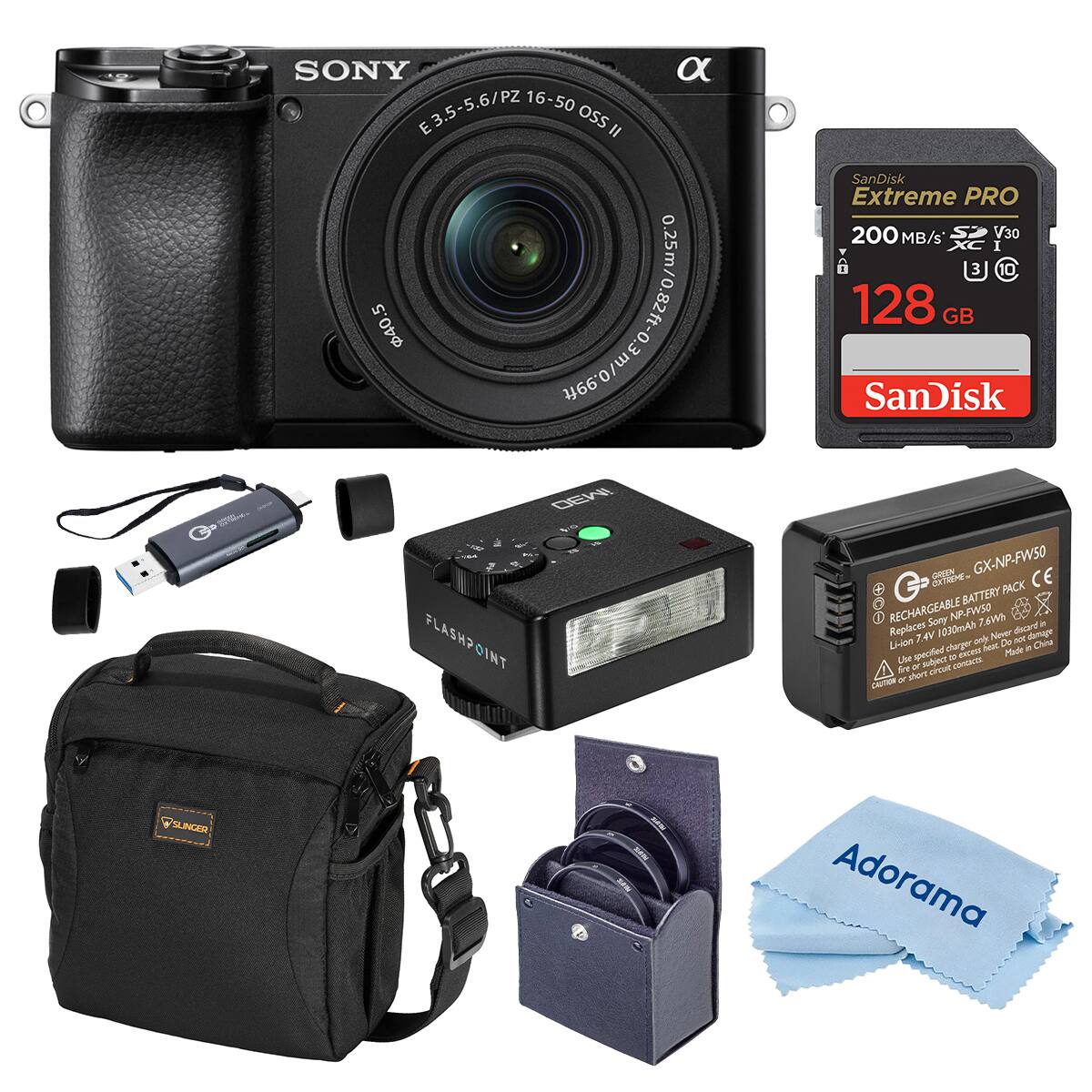 SONY E 3.5-5.6/PZ 16-50 OSS II 40.5 0.25m/0.82ft-0.3m/0.99ft DEMA FLASHPOINT SanDisk Extreme PRO 200 MB/s V30 128 GB SanDisk PHEIN GX-NP-FW50 BATTERY 2 RECHARGEABLE Sony NP.FW50 7.4V 1030mAh Li-on T.4V and De - Chone speciied dhager eNCEO heal Made . Uhe N Rre - sulent croat OCACTE - shore caucom SLNCER Adorama