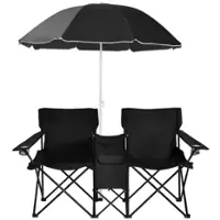 Costway Portable Folding Picnic Double Chair W/Umbrella Table Cooler Beach Camping - Black - Front_Zoom