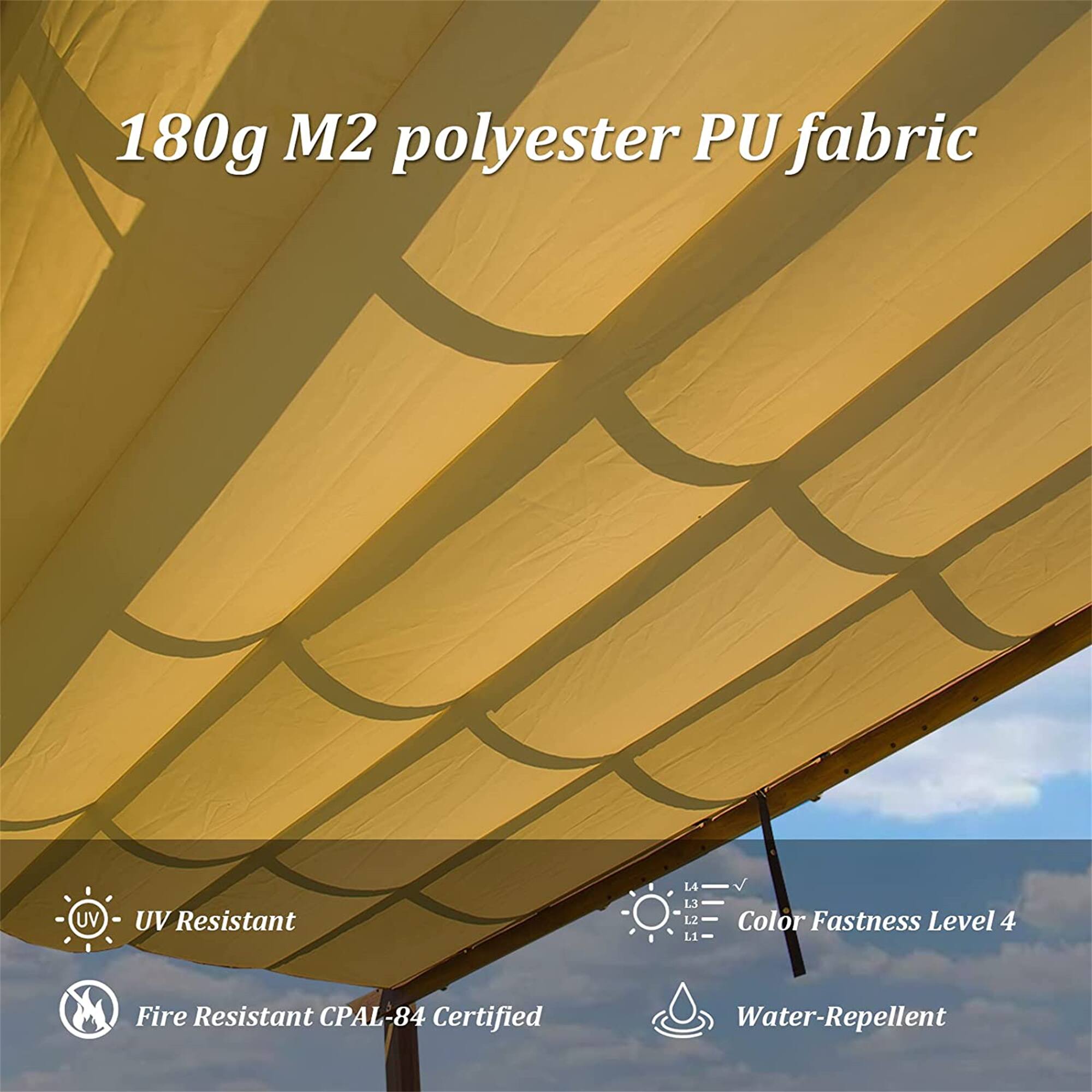 180g M2 polyester PU fabric

- UV Resistant
- Fire Resistant CPAL-84 Certified
- Color Fastness Level 4
- Water-Repellent