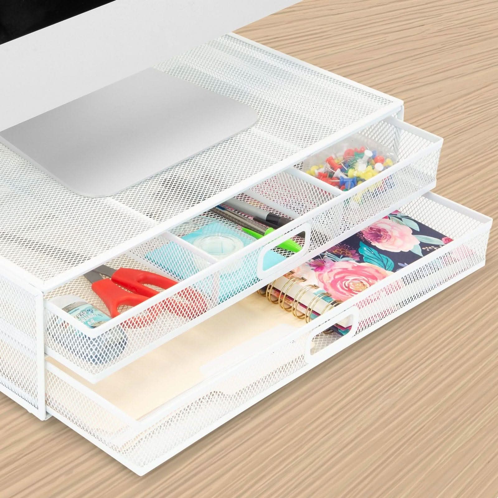 Back. Mount-It! - Mesh Computer Monitor Stand with Dual Storage Drawers & Ventilated Surface for Up to 32" Screens, White - White.