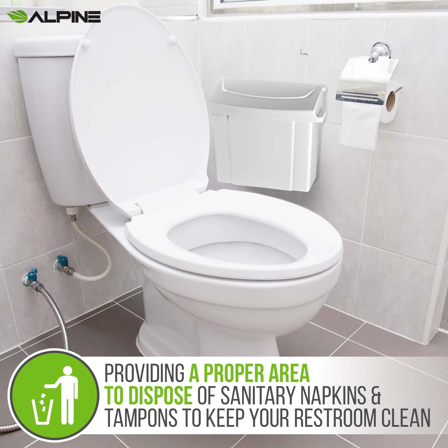 ALPINE, PROVIDING A PROPER AREA TO DISPOSE OF SANITARY NAPKINS & TAMPONS TO KEEP YOUR RESTROOM CLEAN