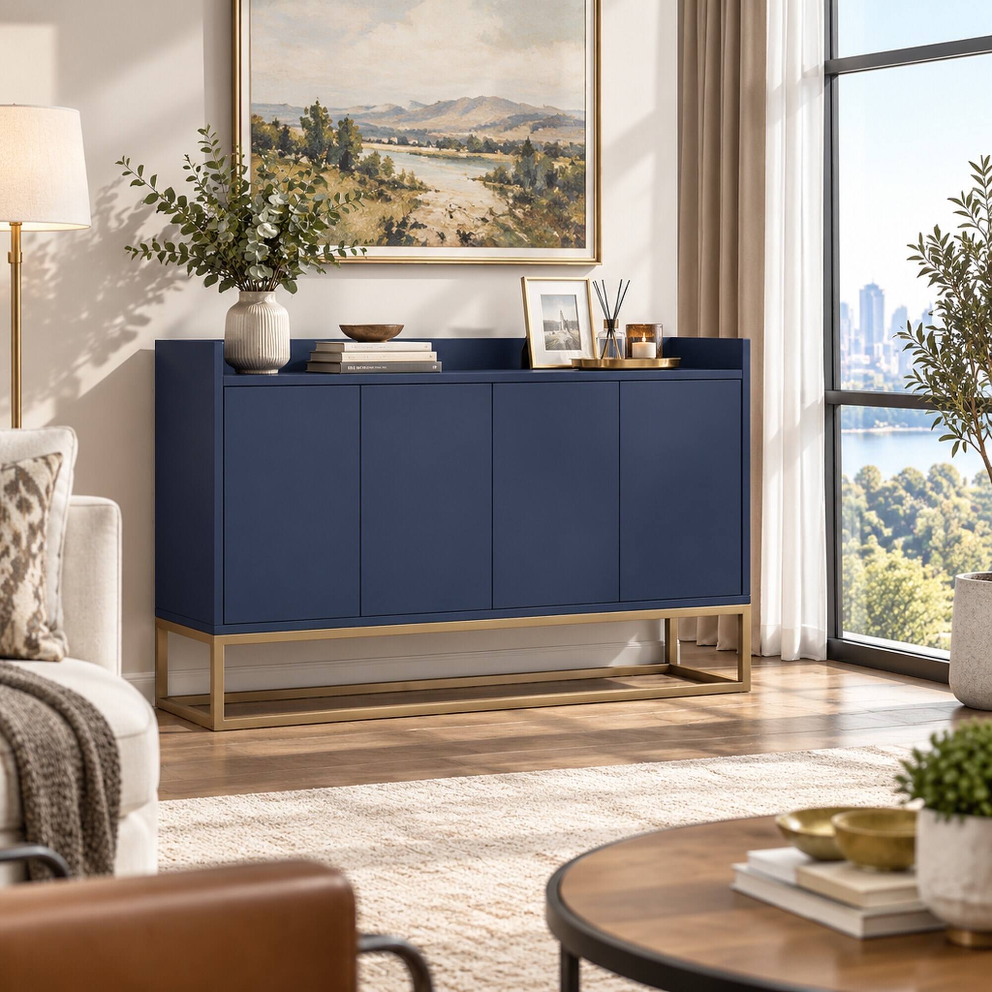 Back. RYHNUYNE - Freestanding Modern Sideboard Buffet Cabinet with Large Storage Space for Dining Room, Navy - Navy.