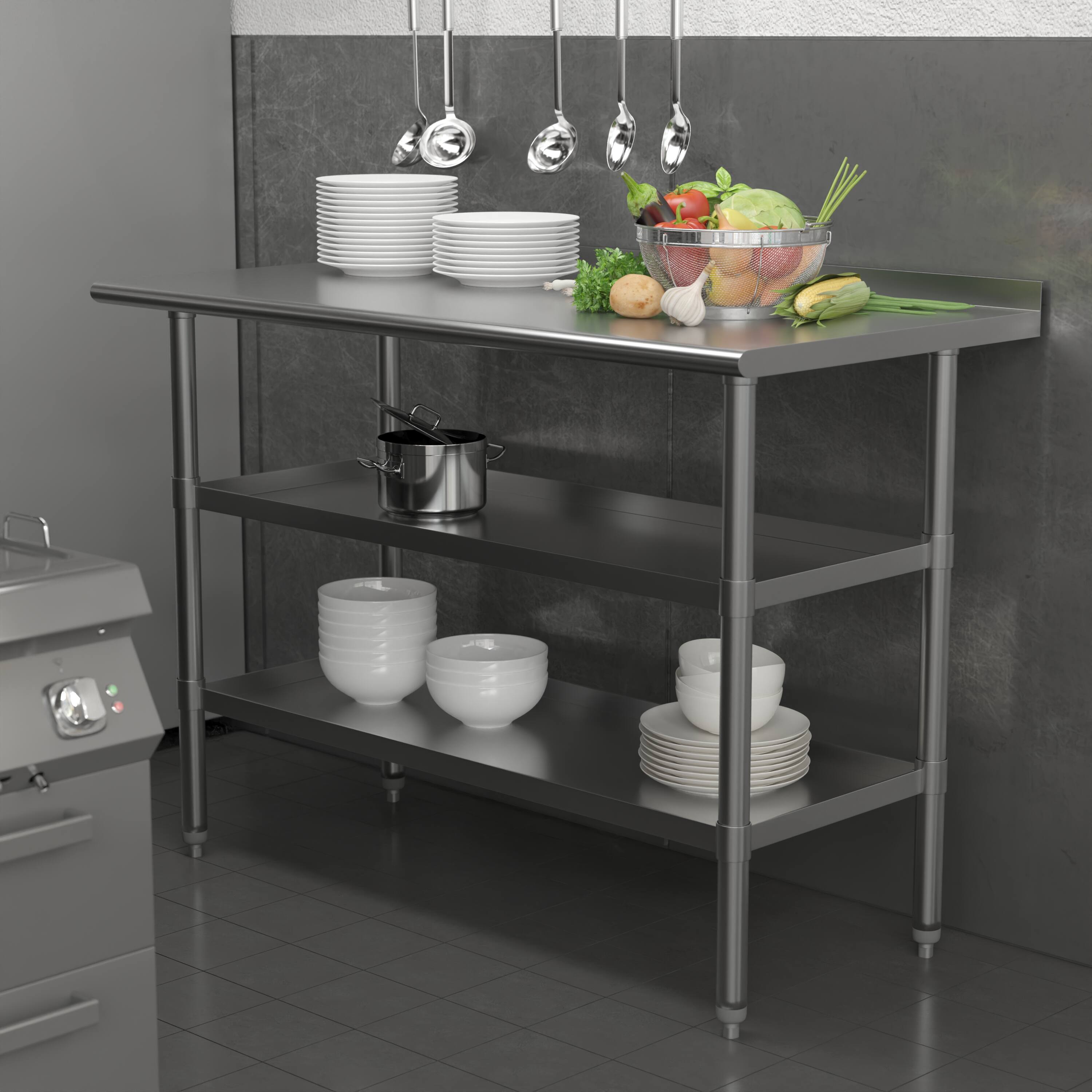 Alt View 1. Emma + Oliver - NSF Certified Stainless Steel 18 Gauge Work Table with 1.5" Backsplash and 2 Undershelves - Stainless Steel.
