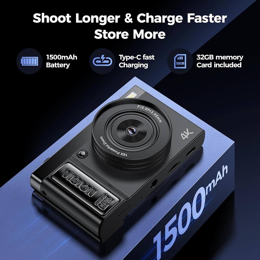Shoot Longer & Charge Faster  
Store More

- 1500mAh Battery
- Type-C fast Charging
- 32GB memory Card included

F/2.0 F=3.95mm  
4K Powerful 16X Zoom  
1500mAh