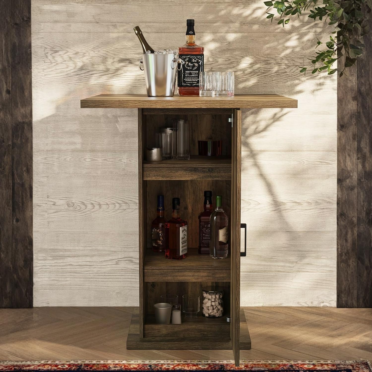 Angle. Tribesigns - 31.5-Inch Square Counter-Height Bar Table with 3-Tier Storage Cabinet and X-Pattern Doors - Rustic Brown.