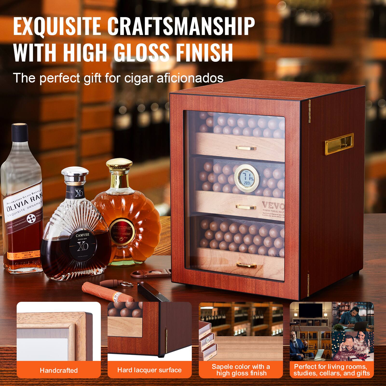 EXQUISITE CRAFTSMANSHIP WITH HIGH GLOSS FINISH  
The perfect gift for cigar aficionados  

Handcrafted  
Hard lacquer surface  
Sapele color with a high gloss finish  
Perfect for living rooms, studies, cellars, and gifts