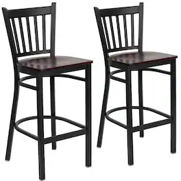 Emma + Oliver - 2 Pack Vertical Back Metal Restaurant Barstool - Mahogany Wood Seat/Black Metal Frame