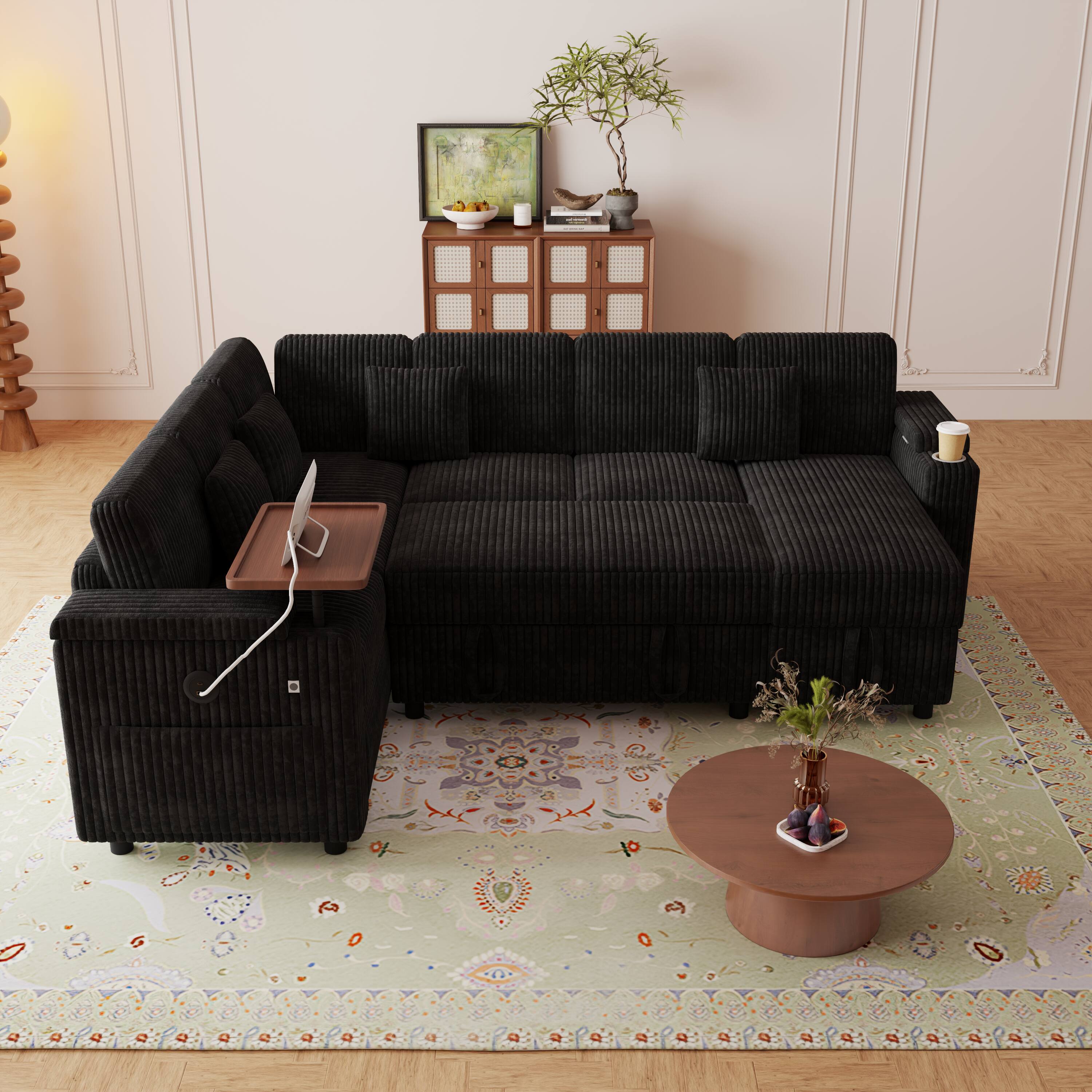 Back. Anysun - 100" Pull-Out Sofa Bed w/ USB, Table Board & Cup Holder, Corduroy Fabric, U-Shape Combo, Storage Lounge - Black.