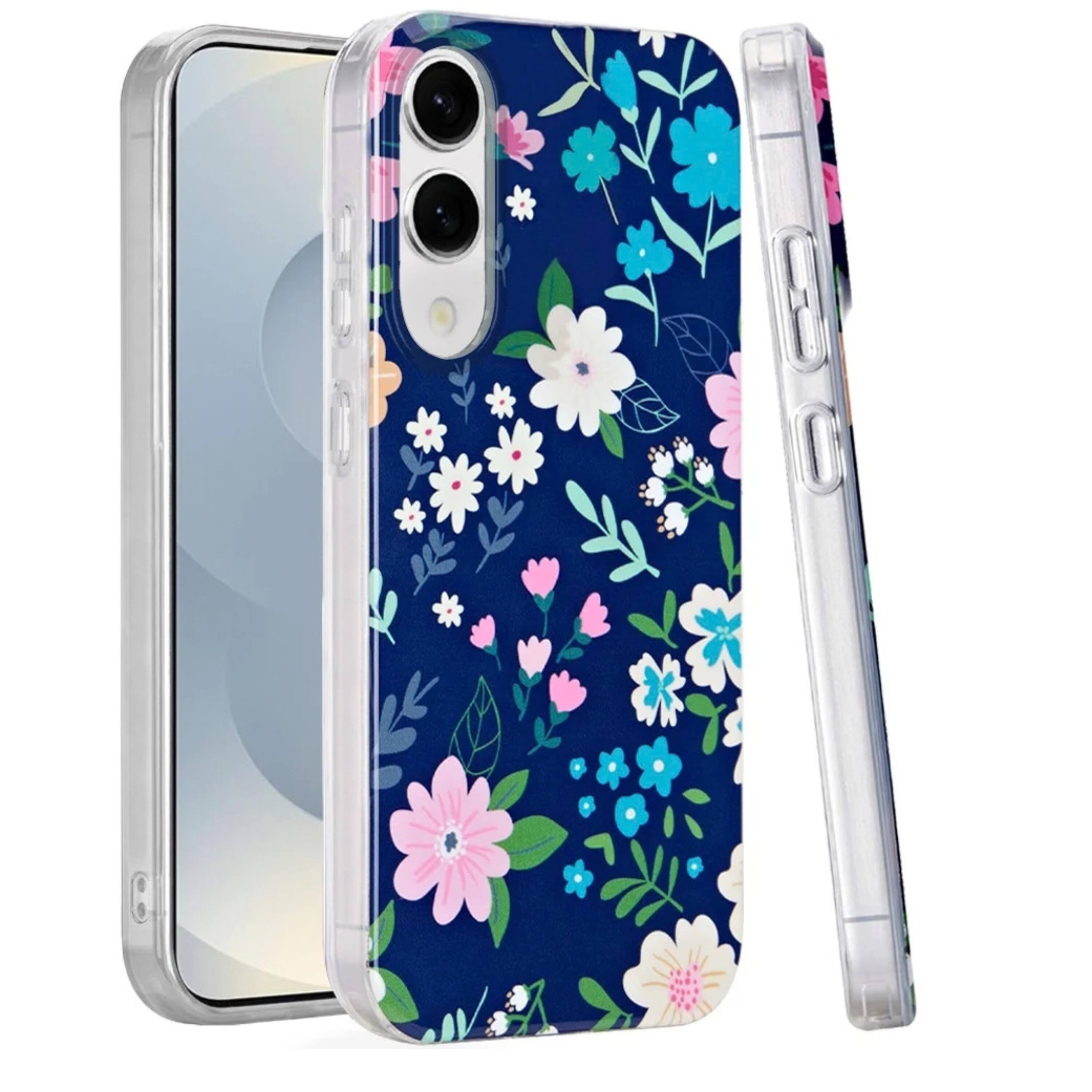 Front. Kitcheniva - Dual Layer TPU Protective Phone Case With Tempered Glass For Samsung S25 Edge Galaxy Floral - Blue.