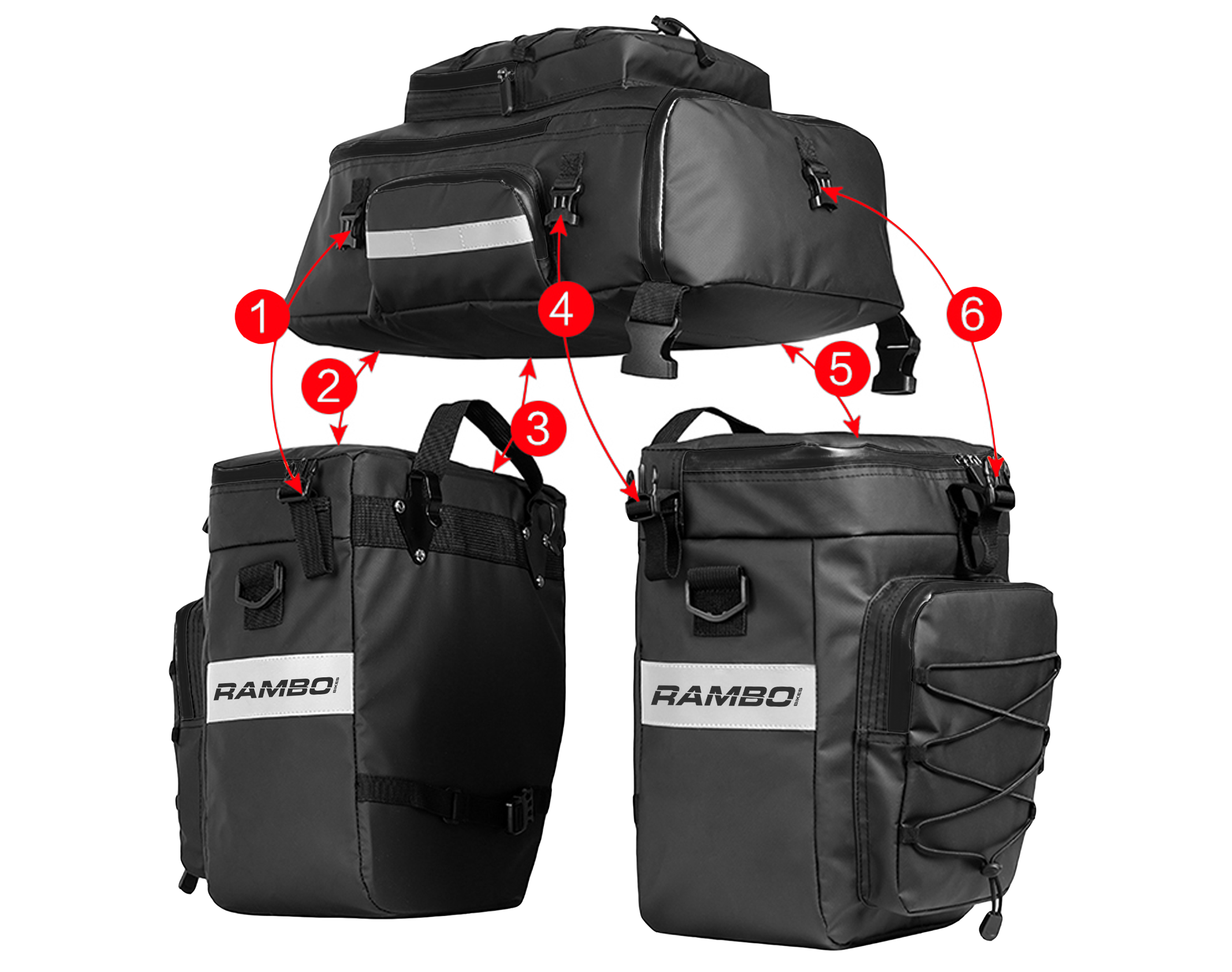 1. Top handle
2. Shoulder strap
3. Side pocket
4. Main compartment zipper
5. Side compression straps
6. Bottom compression straps
RAMBOI
RAMBOI
