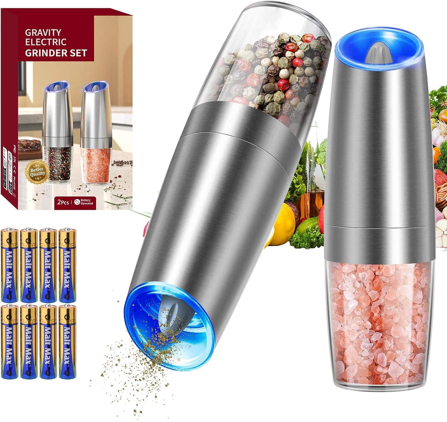FINEAK - Stainless Steel Gravity Electric Salt & Pepper Grinder Set with LED Light - Silver
