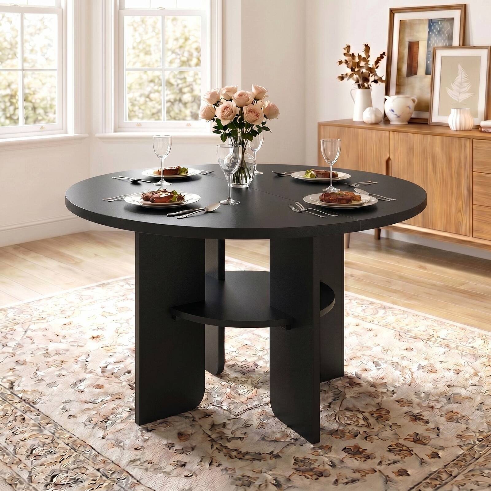 Alt View 3. Bestier - Modern Dining Table with Built-in Storage, Metal-Wrapped Wood Legs, Stable Triangular Base - Black.