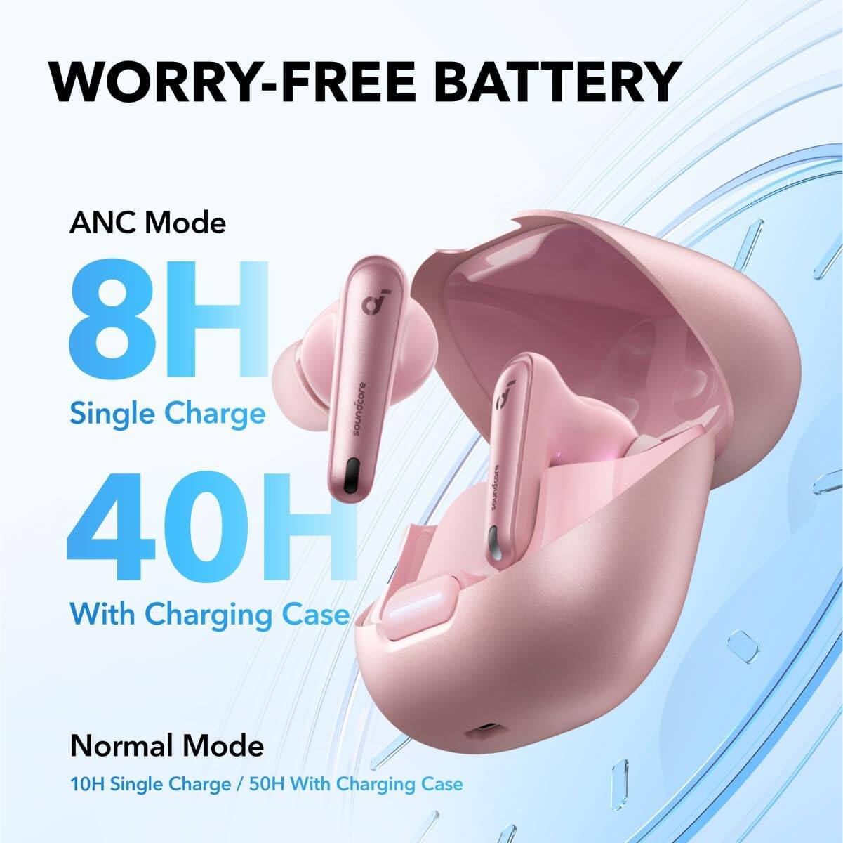 WORRY-FREE BATTERY

ANC Mode  
8H Single Charge  
40H With Charging Case

Normal Mode  
10H Single Charge / 50H With Charging Case
