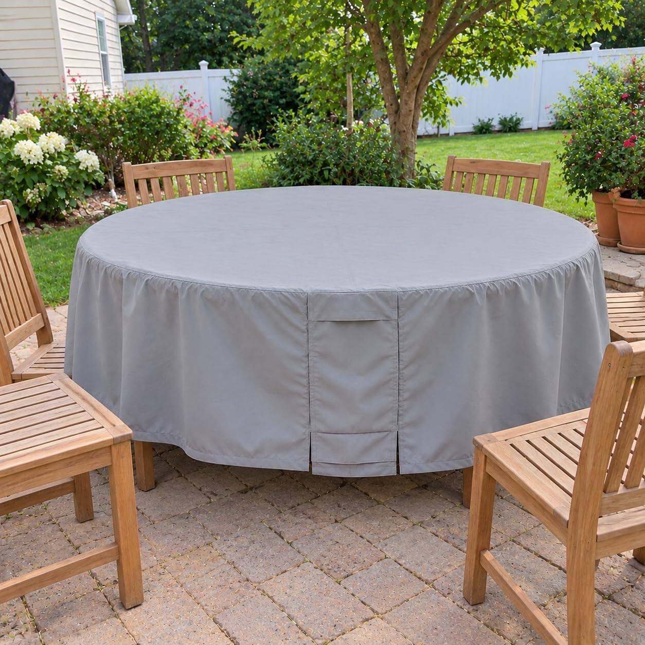 Back. KHOMO GEAR - Round Patio Furniture Cover Waterproof, Outdoor Round Table and Chair Set Cover with Air Vents - 60" Diameter x 23"H - Gray.