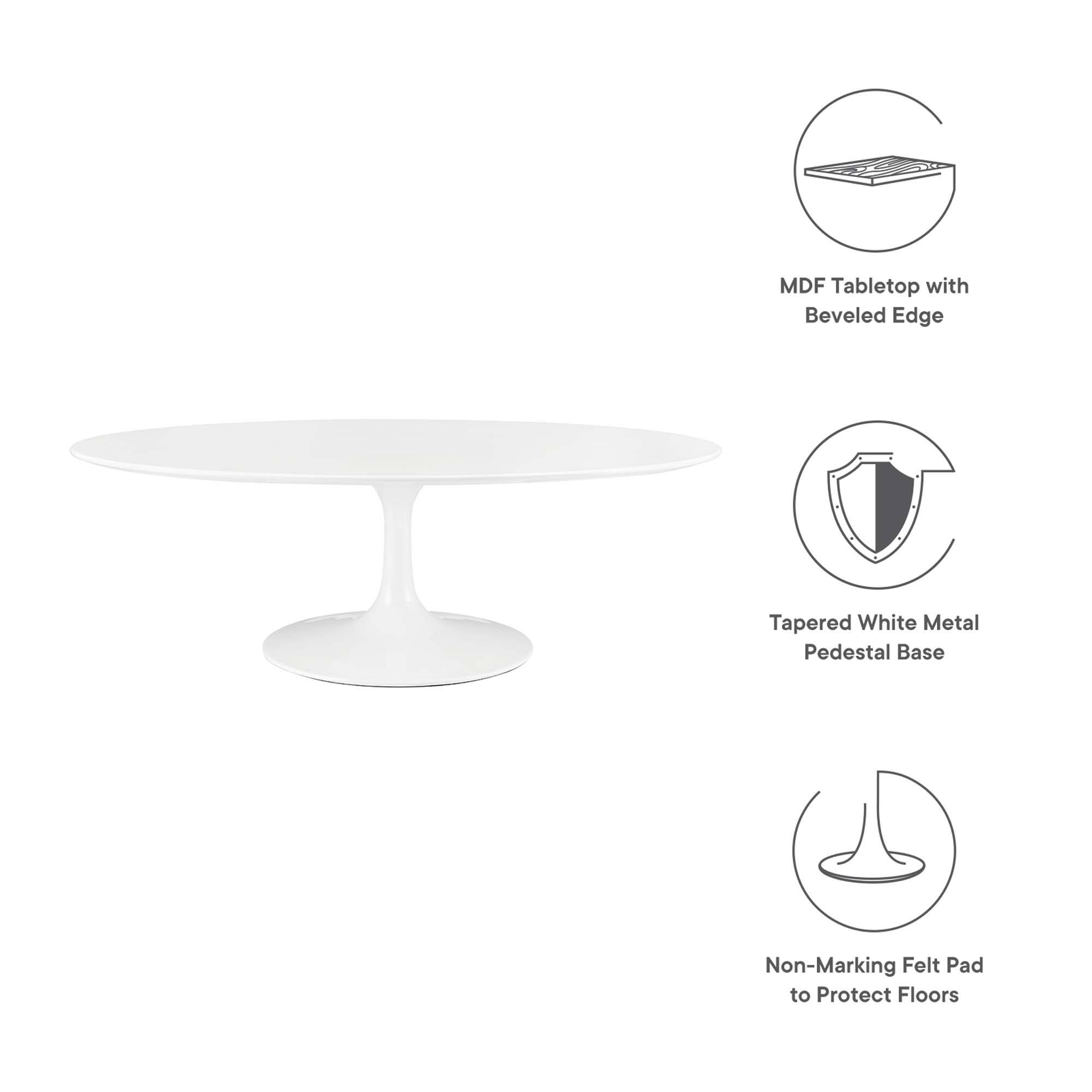 MDF Tabletop with Beveled Edge  
Tapered White Metal Pedestal Base  
Non-Marking Felt Pad to Protect Floors