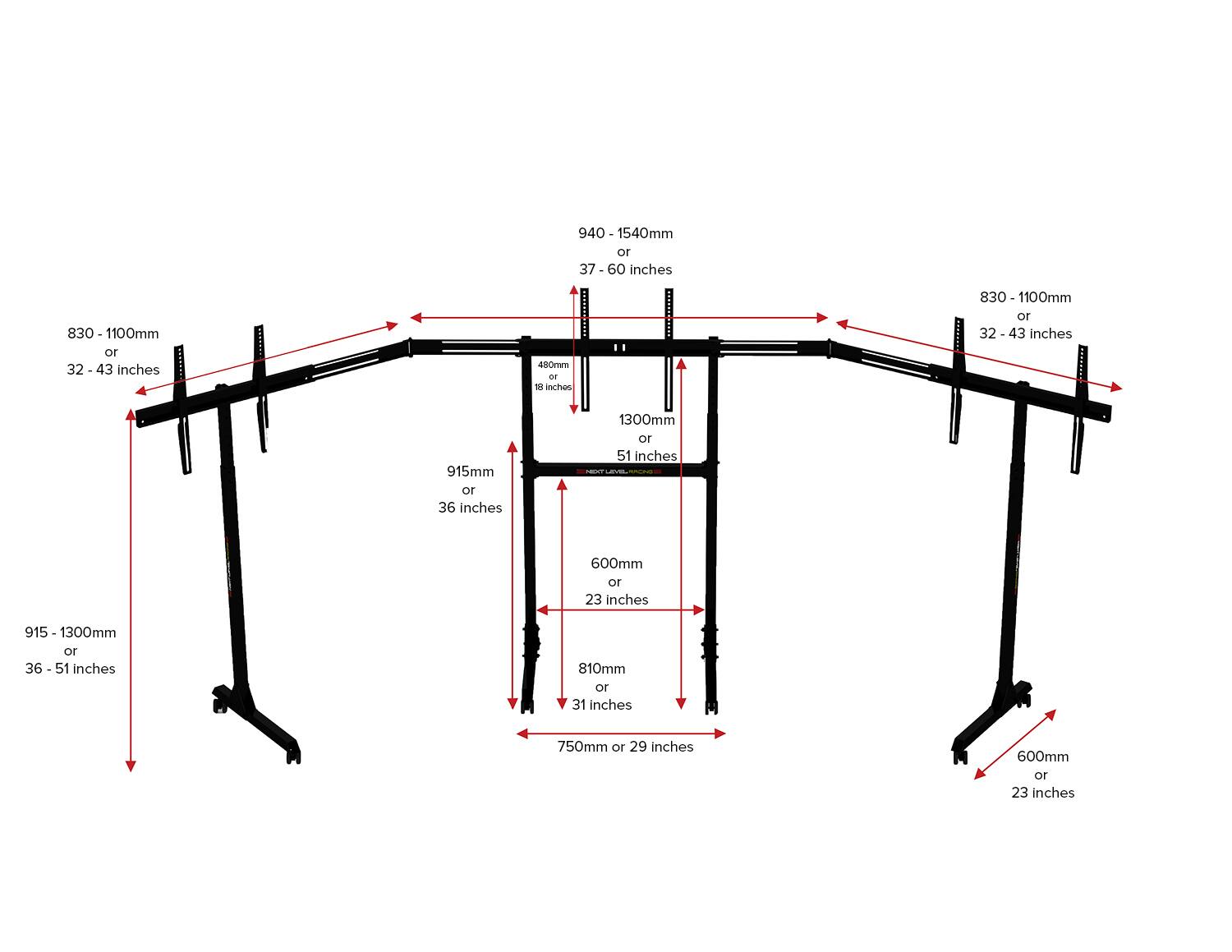 The image shows a drawing of a metal structure with measurements in millimeters and inches. The measurements are as follows:

* 830-1100mm: 32-43 inches
* 940-1540mm: 37-60 inches
* 10-37-60 inches: 23-51 inches
* 480mm: 19 inches
* 830-1100mm: 32-43 inches
* 915mm: 36 inches
* 1300mm: 51 inches
* 600mm: 23 inches
* 810mm: 31 inches
* 750mm: 29 inches
* 600mm: 23 inches

The drawing shows a metal structure with different parts, and the measurements are marked on the drawing to indicate the dimensions of each part.