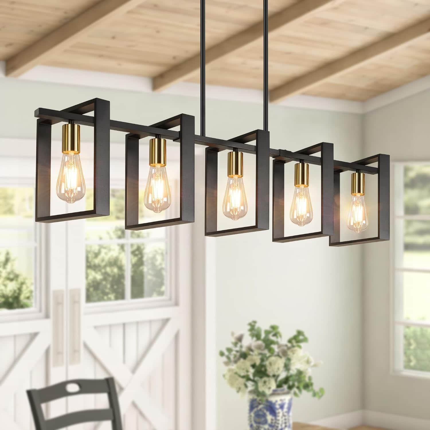 Nordic Hygge - 5-Light Gold Dining Room Light Fixture, 53’’ Farmhouse Wood Chandelier Kitchen Island Lighting Over Table - Black