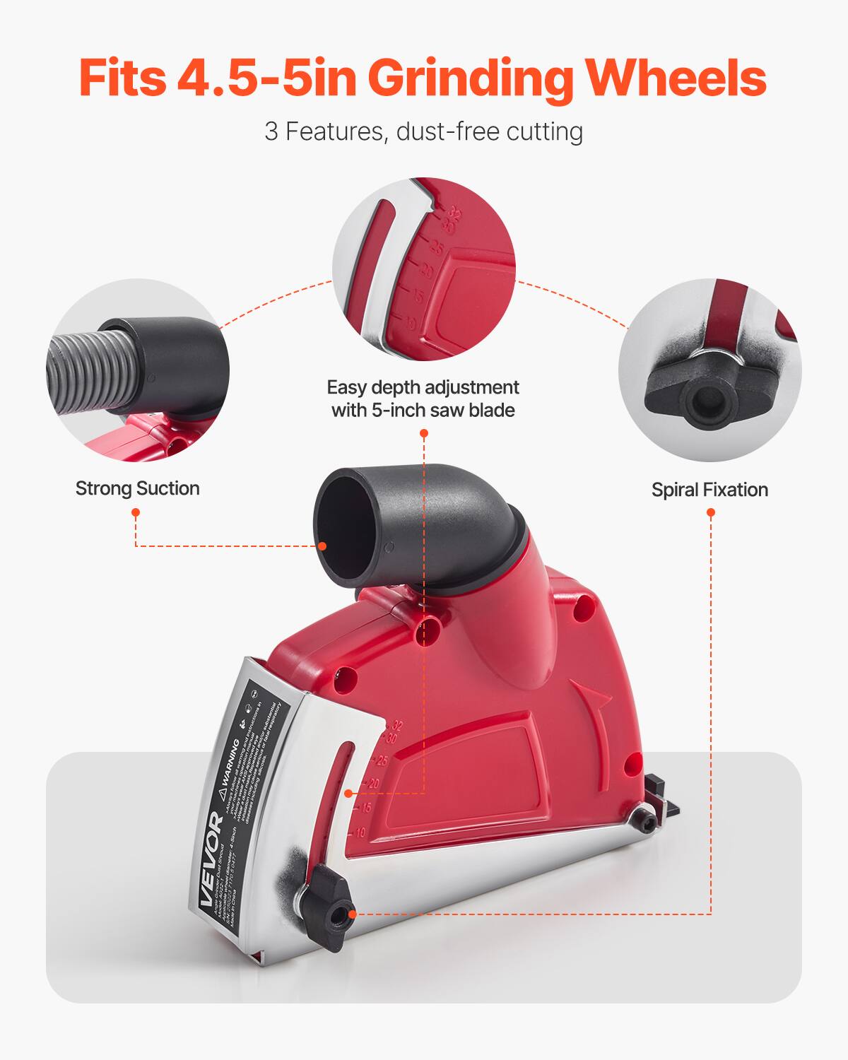 Fits 4.5-5in Grinding Wheels  
3 Features, dust-free cutting  
- Strong Suction  
- Easy depth adjustment with 5-inch saw blade  
- Spiral Fixation  

WARNING