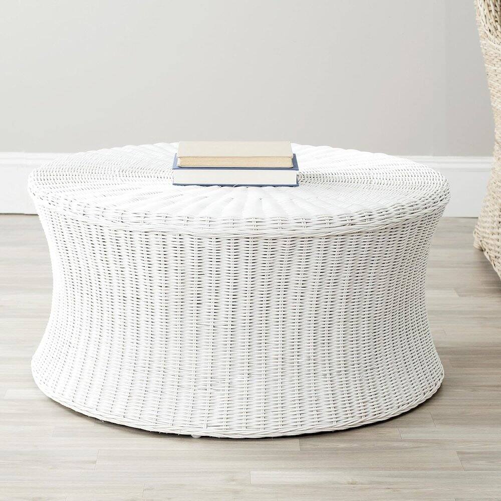 Angle. Safavieh - Home Collection Ruxton White Rattan Round Coffee Table Ottoman - White.