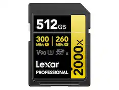 512 GB
300 MB/s R
260 MB/s W
V90
XC II
Lexar Professional
2000x