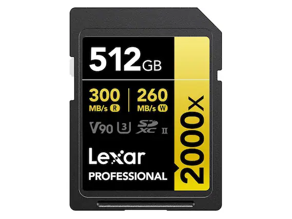 512 GB
300 MB/s R
260 MB/s W
V90
XC II
Lexar Professional
2000x