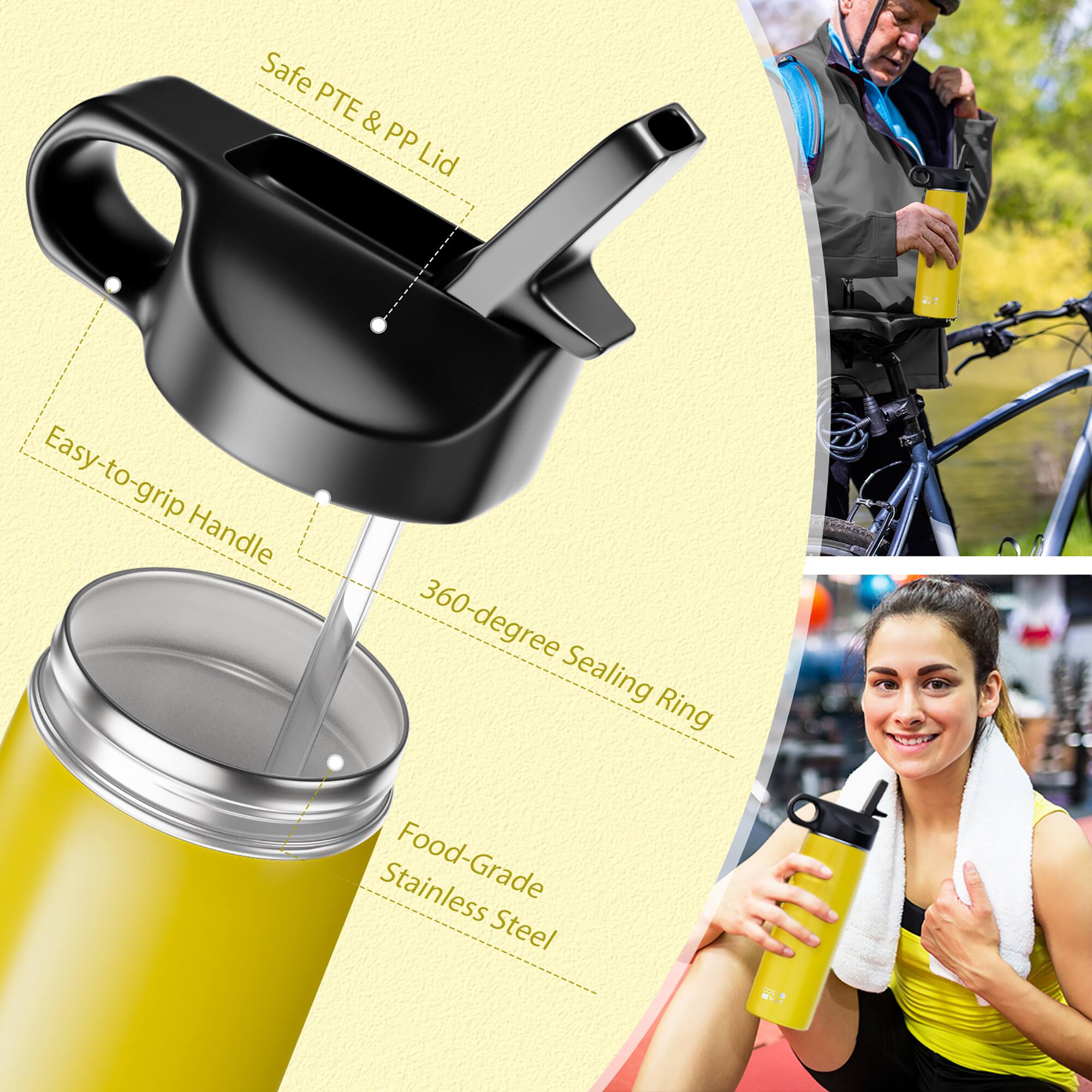 Safe PTE & PP Lid  
Easy-to-grip Handle  
360-degree Sealing Ring  
Food-Grade Stainless Steel