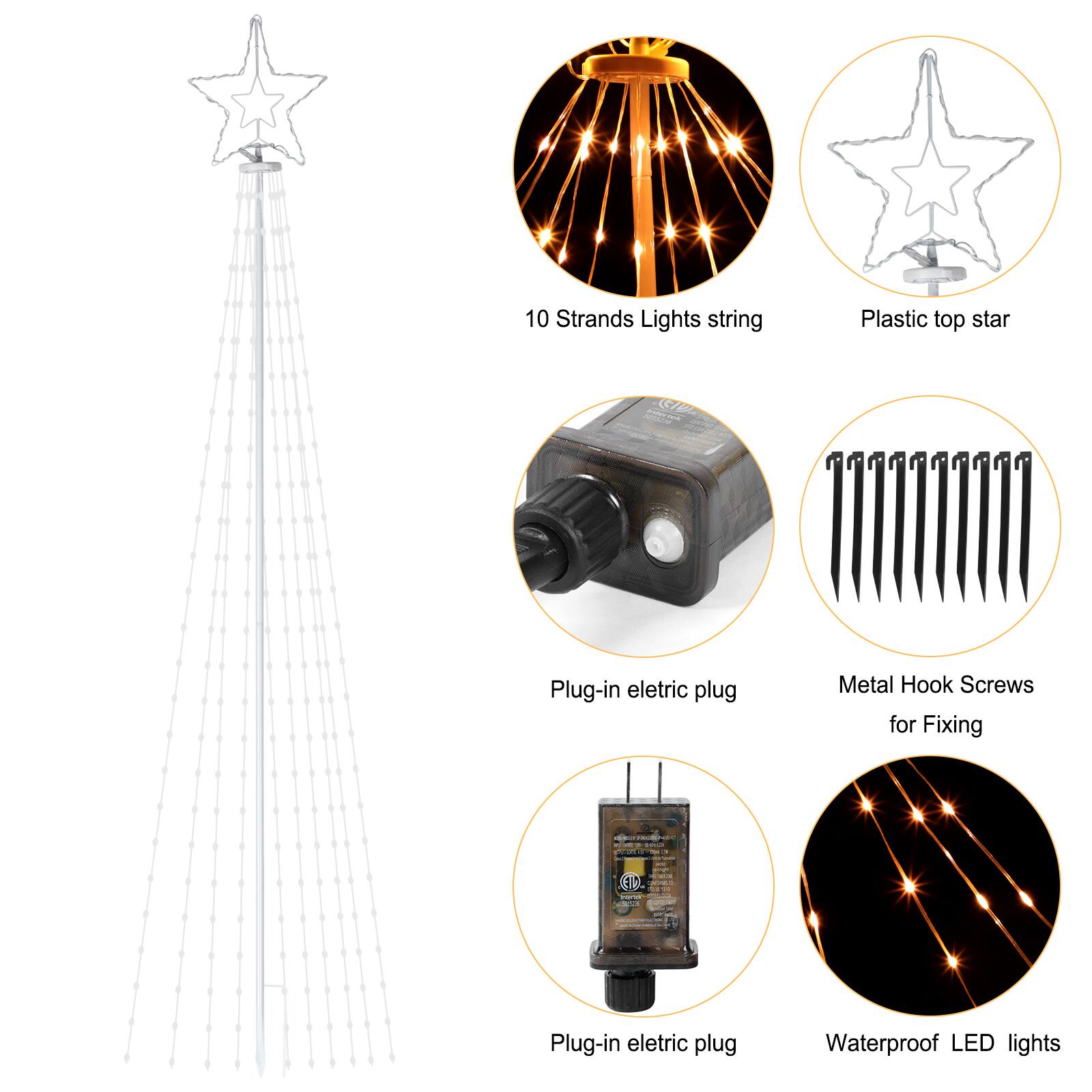 10 Strands Lights string  
Plastic top star  
Interbook VIE  
Plug-in electric plug  
Metal Hook Screws for Fixing  
1900 posts  
100%  
Plug-in electric plug  
Waterproof LED lights