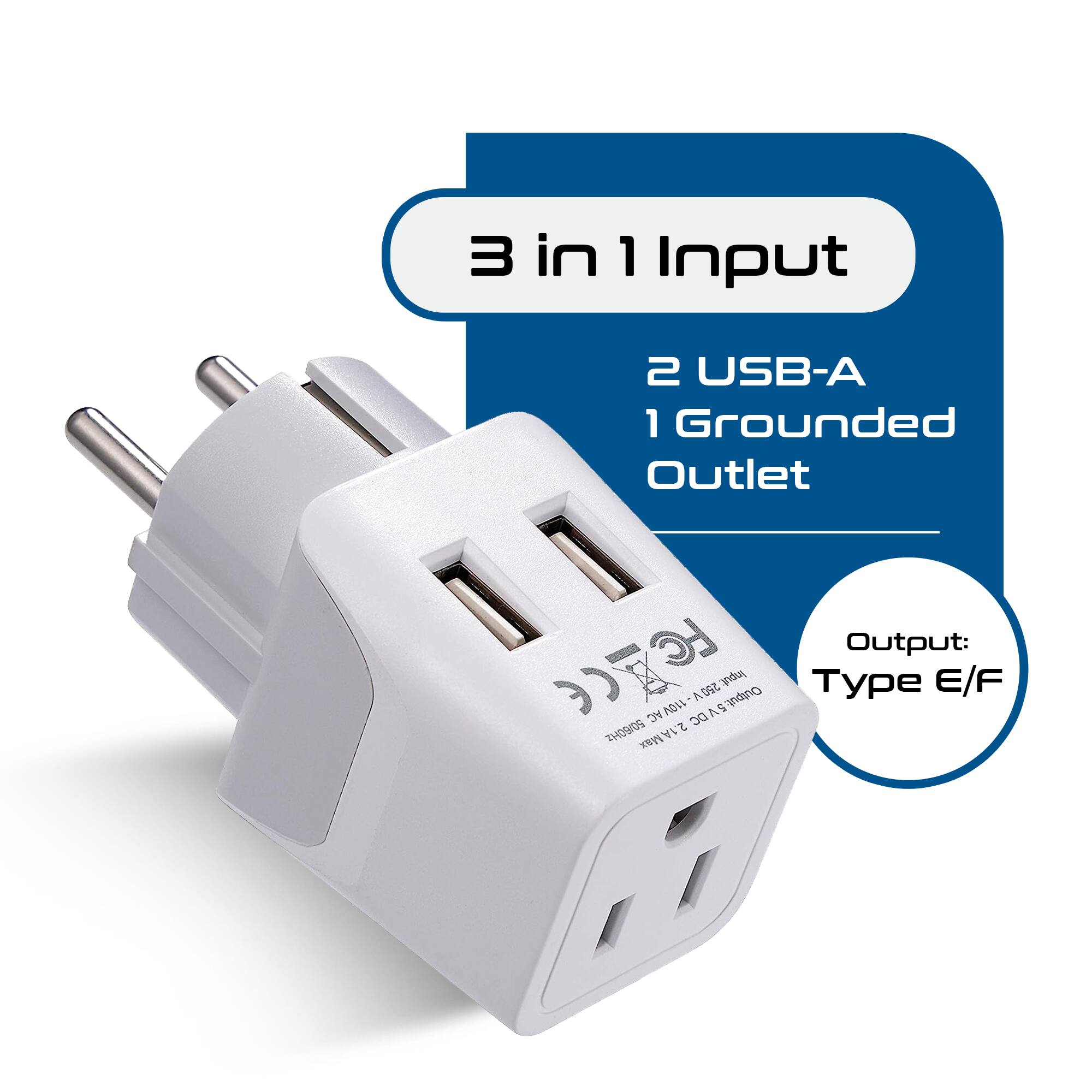 3 in 1 Input  
2 USB-A  
1 Grounded Outlet  

Output: Type E/F