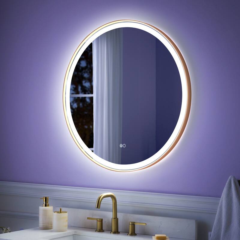 Angle. WELLFOR - 32 in Framed Round LED Bathroom Mirror, Anti-Fog Wall-Mounted Vanity Mirror with Dimmable& Memory Function - Brushed Gold.