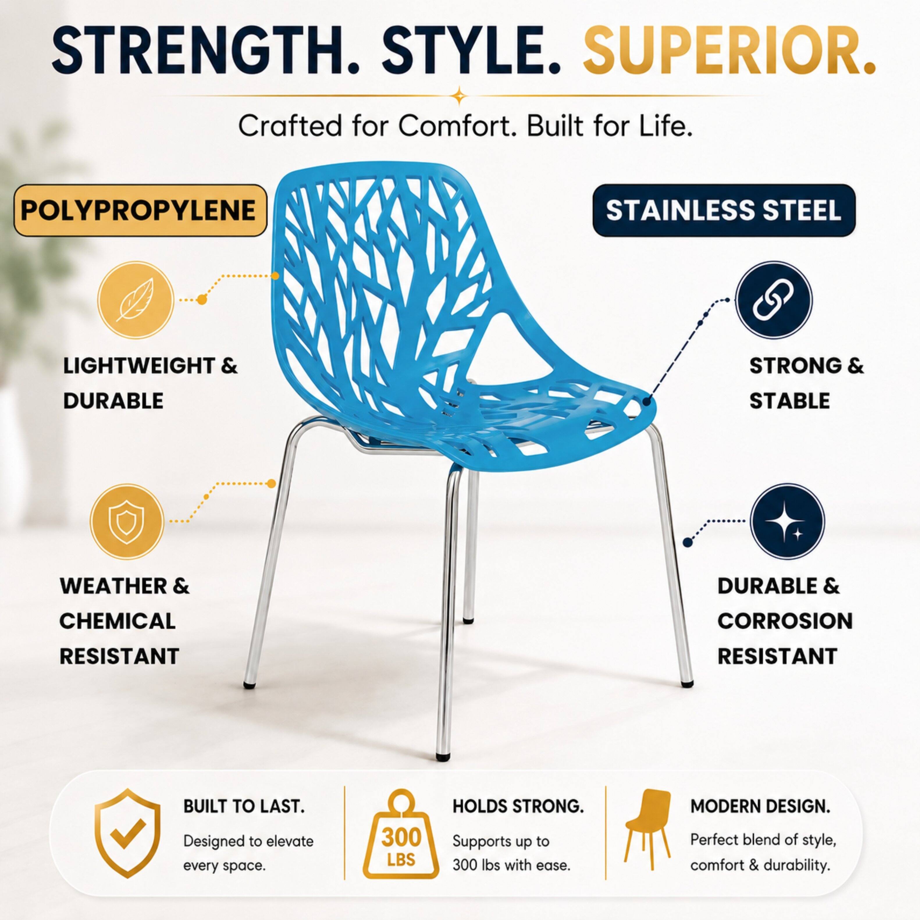 STRENGTH. STYLE. SUPERIOR.  
Crafted for Comfort. Built for Life.  

POLYPROPYLENE  
LIGHTWEIGHT & DURABLE  
WEATHER & CHEMICAL RESISTANT  

STAINLESS STEEL  
STRONG & STABLE  
DURABLE & CORROSION RESISTANT  

BUILT TO LAST.  
Designed to elevate every space.  

HOLDS STRONG.  
Supports up to 300 lbs with ease.  

MODERN DESIGN.  
Perfect blend of style, comfort & durability.