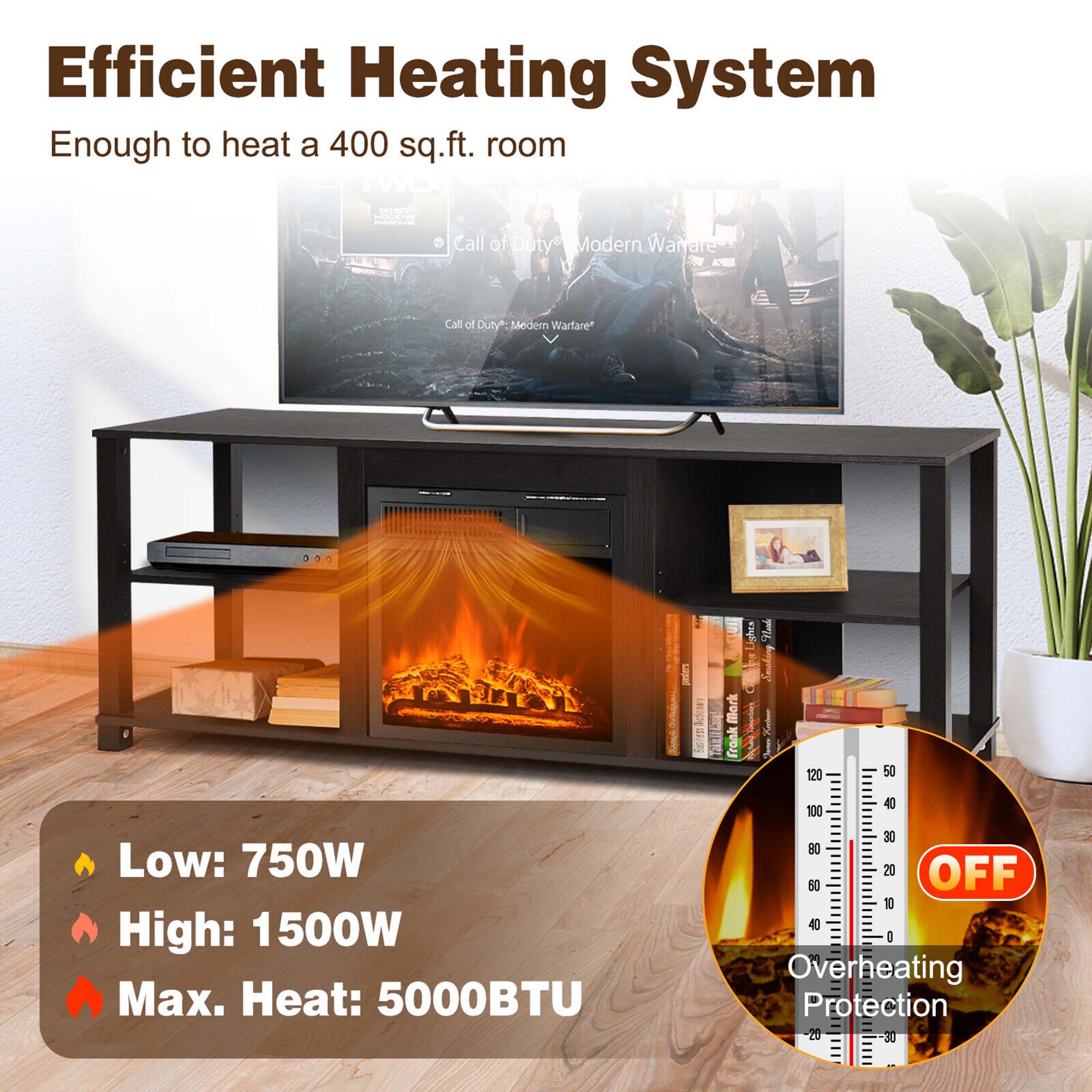 Efficient Heating System  
Enough to heat a 400 sq.ft. room  

Low: 750W  
High: 1500W  
Max. Heat: 5000BTU  

Overheating Protection