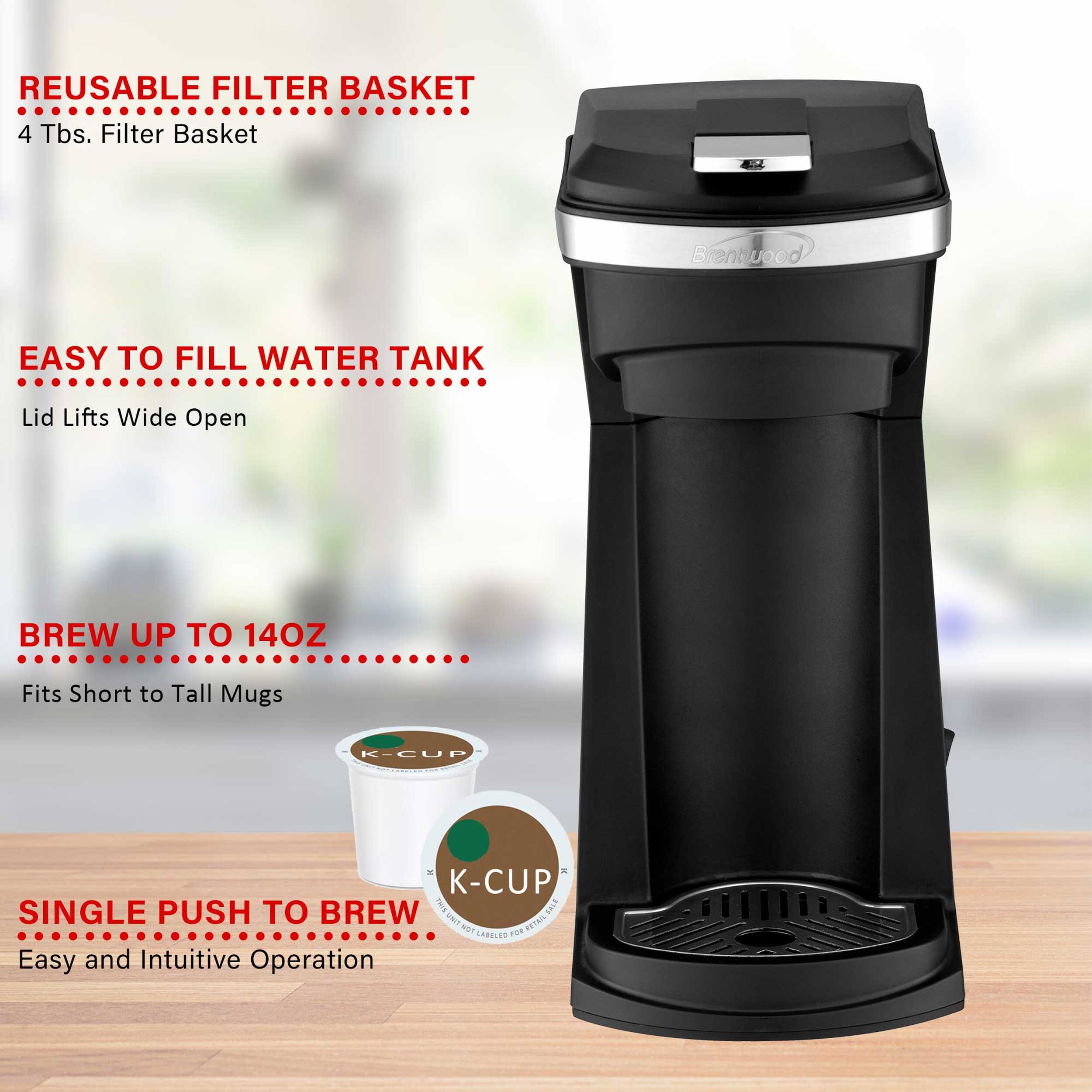 REUSABLE FILTER BASKET  
4 Tbs. Filter Basket  

EASY TO FILL WATER TANK  
Lid Lifts Wide Open  

BREW UP TO 14OZ  
Fits Short to Tall Mugs  

SINGLE PUSH TO BREW  
Easy and Intuitive Operation