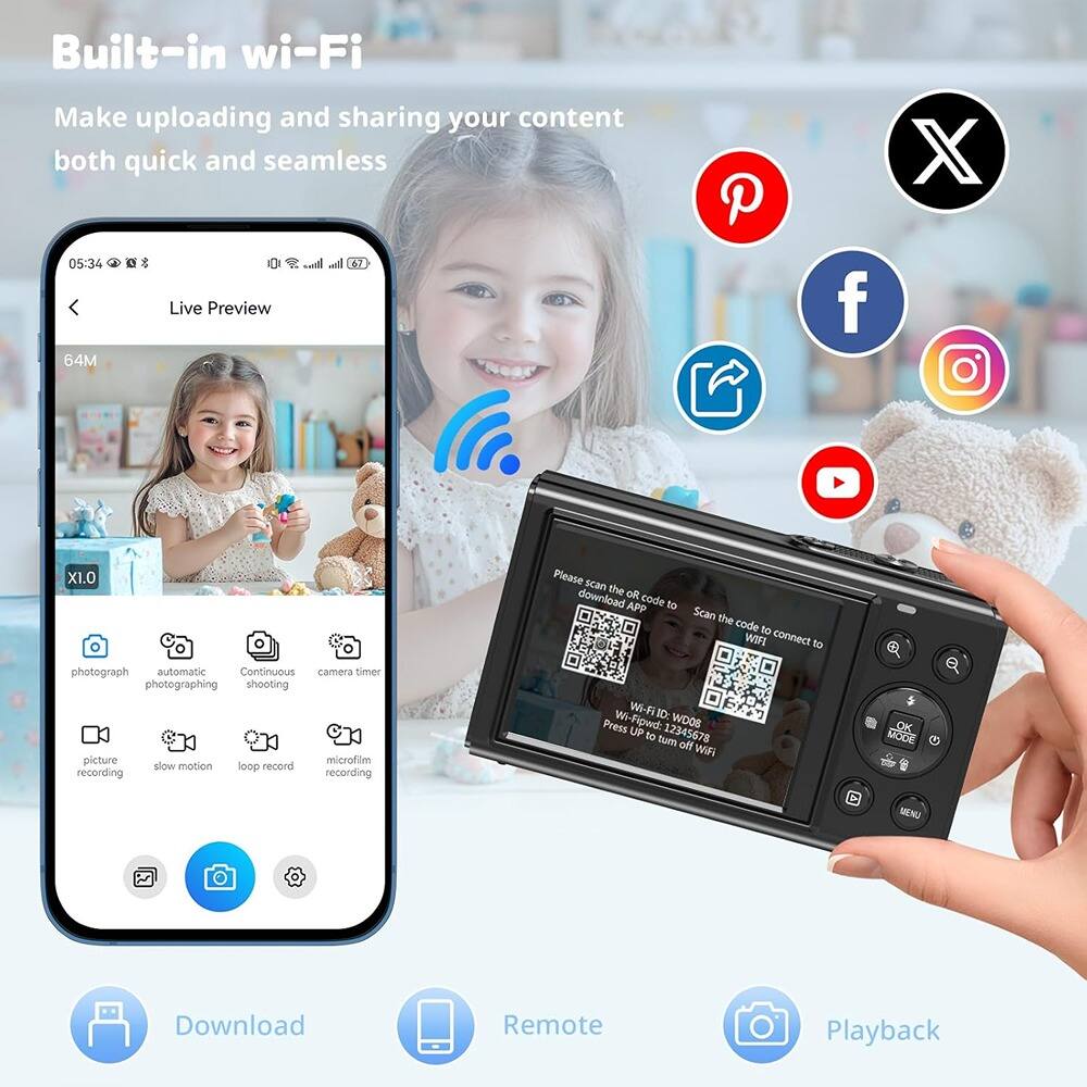 Built-in wi-Fi  
Make uploading and sharing your content both quick and seamless  

Live Preview  
64M  
X1.0  

photograph  
automatic photographing  
Continuous shooting  
camera timer  
picture recording  
slow motion  
loop record  
microfilm recording  

Please scan the QR code to download APP  
Scan the code to connect to Wi-Fi  
Wi-Fi ID: WDOE  
Wi-Fi pwd: W95678  
Press UP to turn off Wi-Fi  

Download  
Remote  
Playback  

Social media icons:  
Pinterest  
Facebook  
Instagram  
YouTube