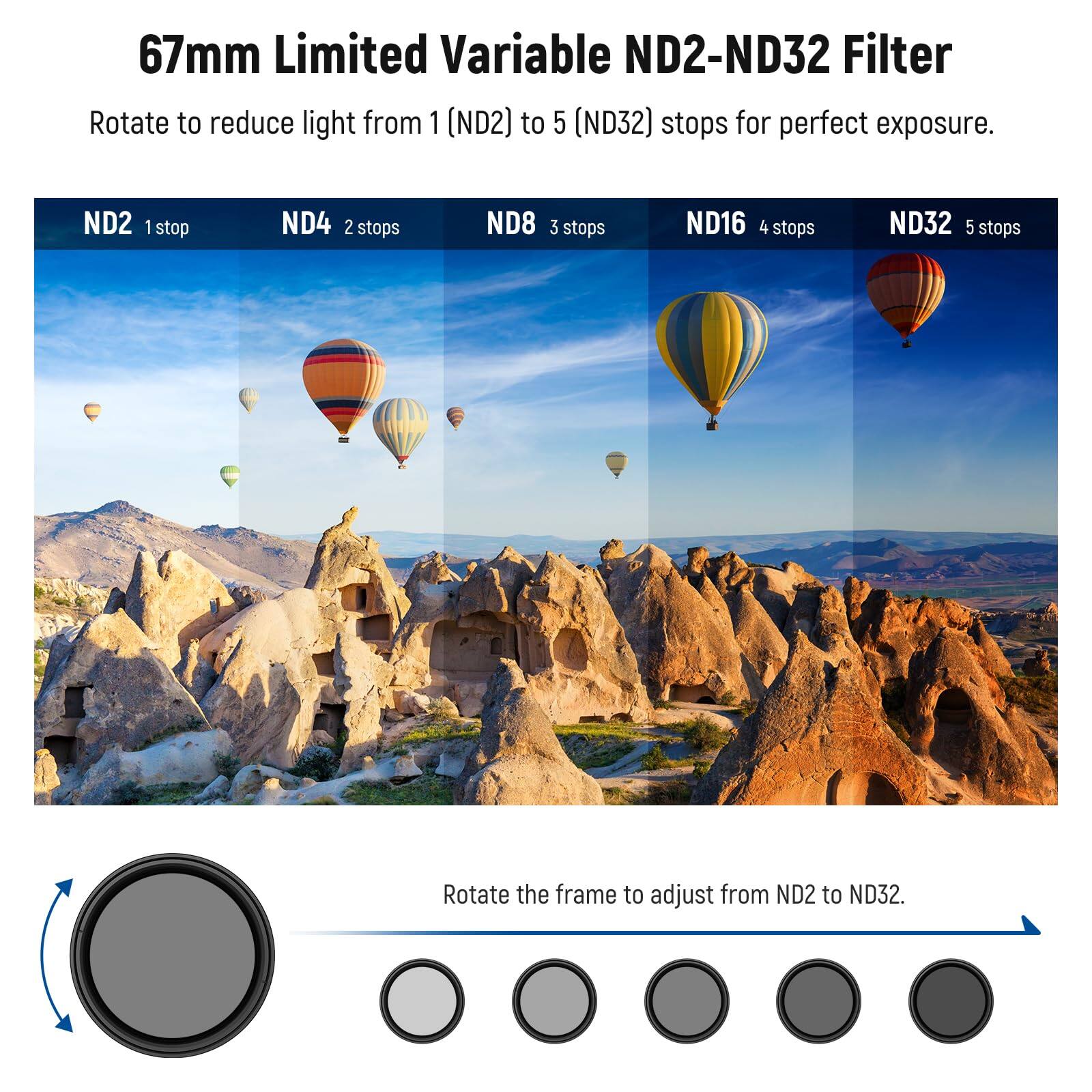 67mm Limited Variable ND2-ND32 Filter  
Rotate to reduce light from 1 (ND2) to 5 (ND32) stops for perfect exposure.  

ND2 1 stop  
ND4 2 stops  
ND8 3 stops  
ND16 4 stops  
ND32 5 stops  

Rotate the frame to adjust from ND2 to ND32.