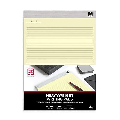 TRU RED HEAVYWEIGHT WRITING PADS  
Extra-thick paper for the best ink resistance  
8% - 11% in so LETTER SHEETS  
6 PADS  
50 SHEETS PER PAD