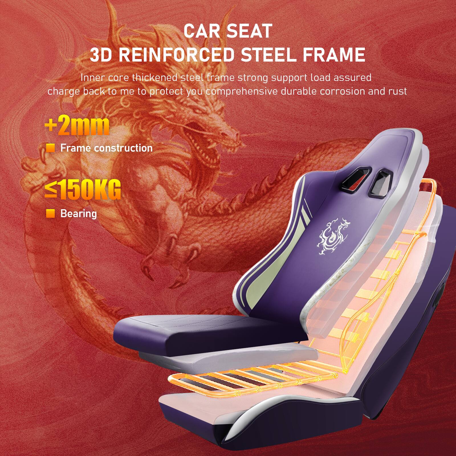 CAR SEAT 3D REINFORCED STEEL FRAME

Inner core thickened steel frame strong support load assured charge back to me to protect you comprehensive durable corrosion and rust

+2mm Frame construction

<150KG Bearing