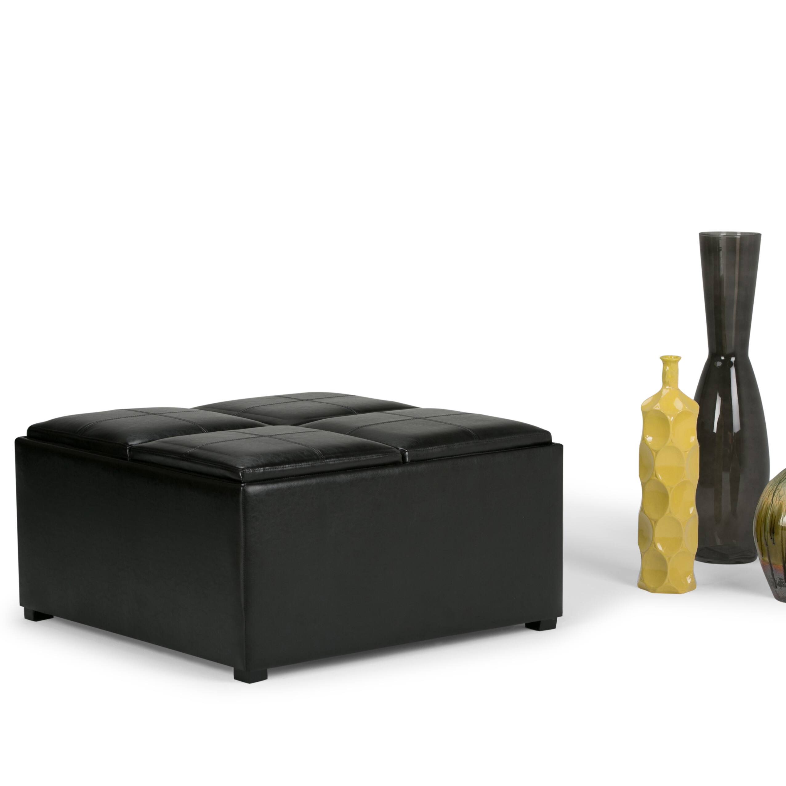 Angle. Simpli Home - Avalon 35 inch Wide Square Coffee Table Storage Ottoman in Midnight Black Vegan Leather - Midnight Black.